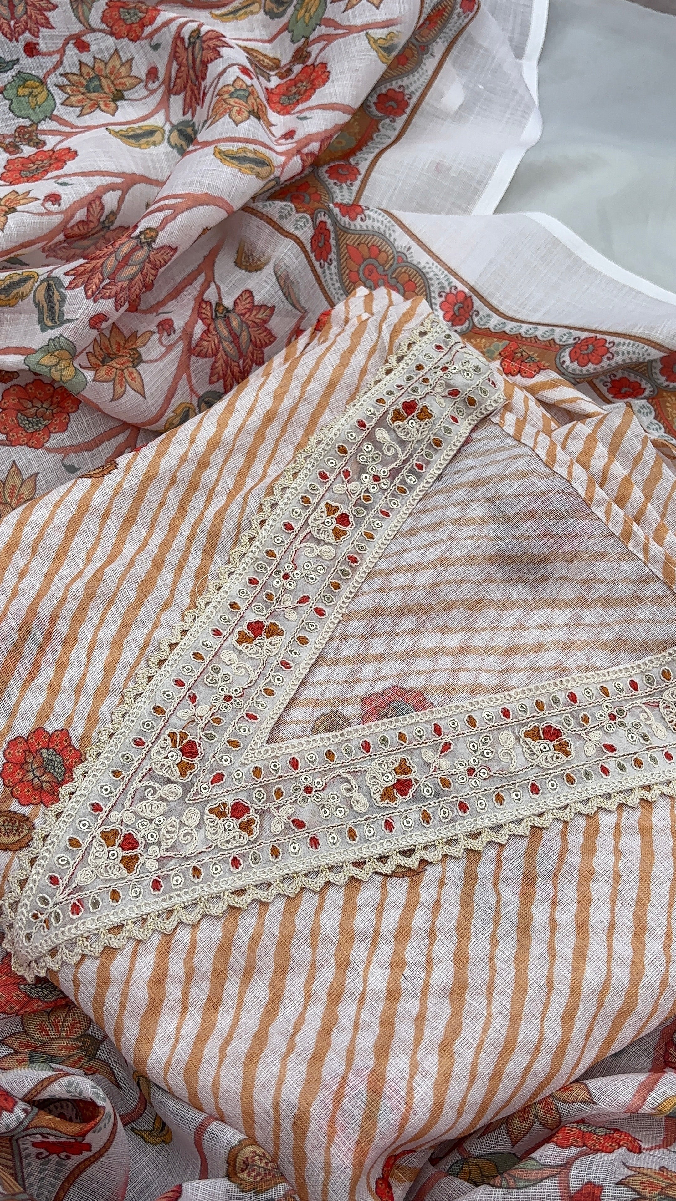 Half white Linen Cotton Semi stitched salwar set